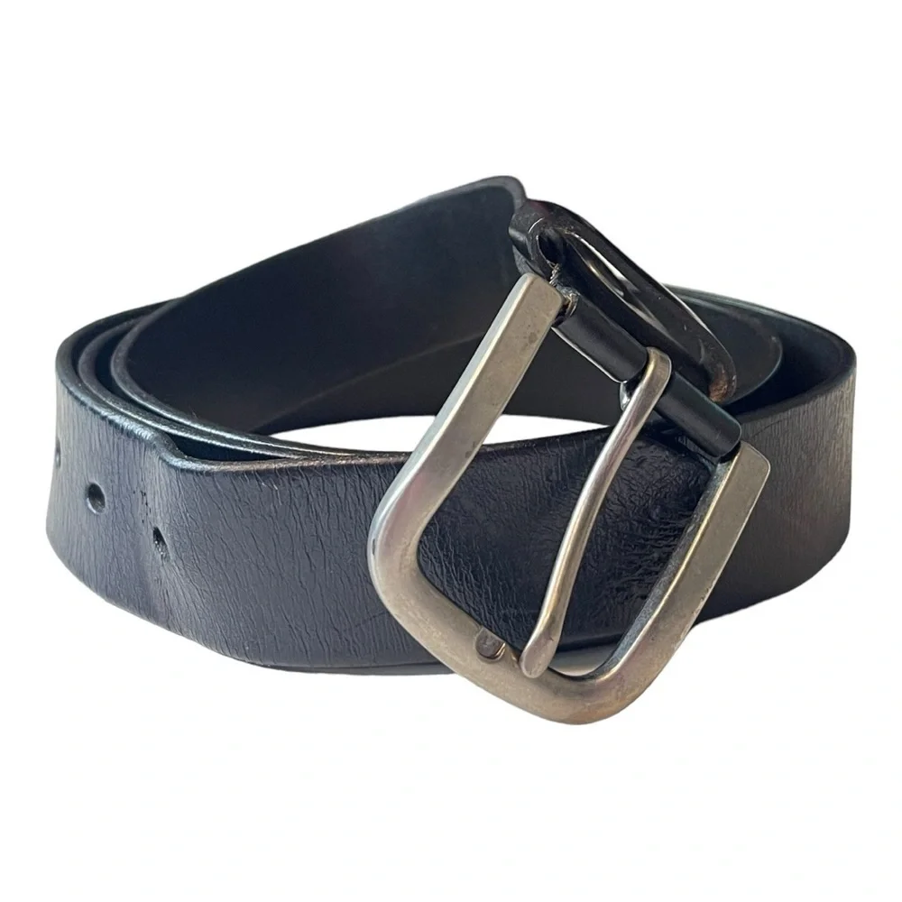 Tony Monders Blavk Leather Belt with Silver Distressed Buckle